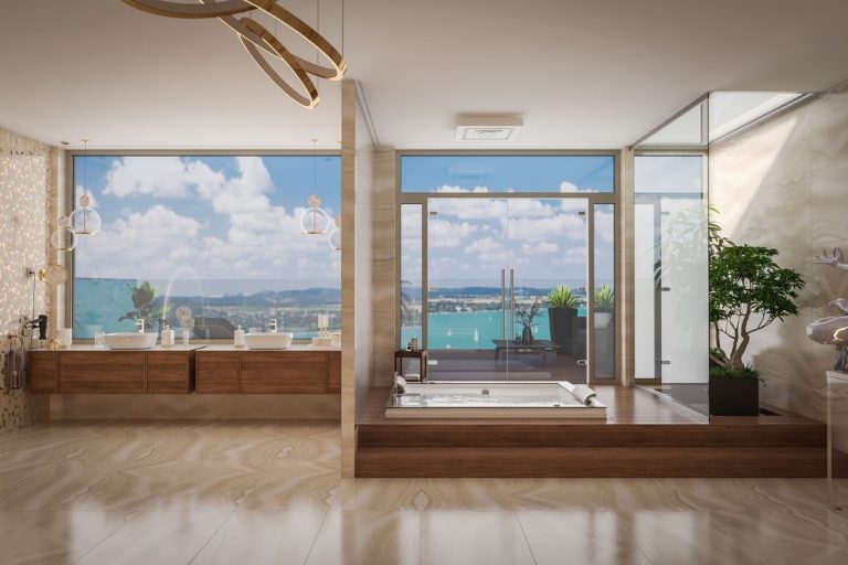 Luxusfürdőszoba-tervek egy balatoni villához
